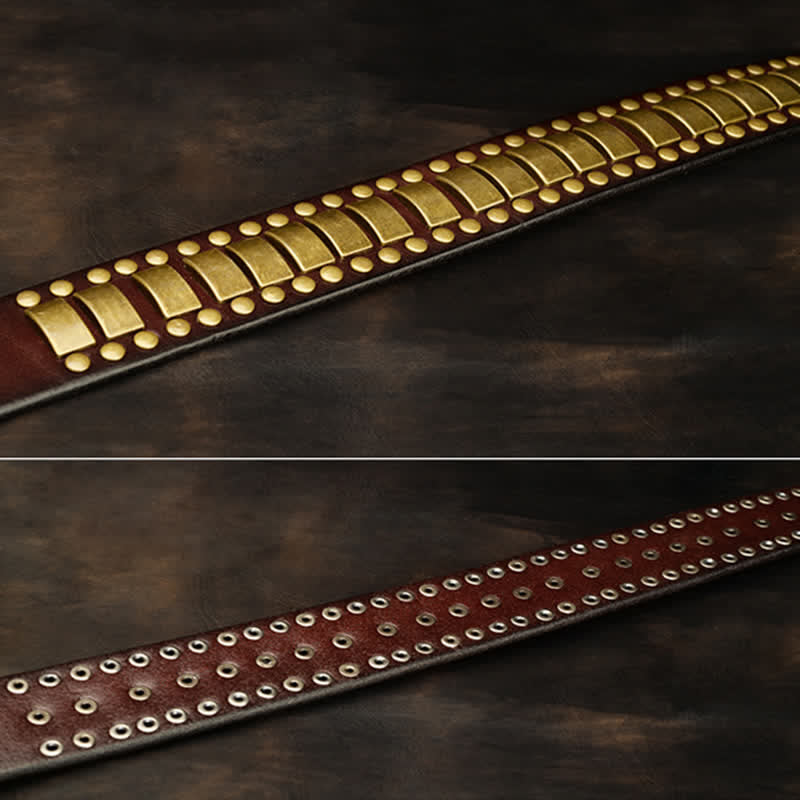 Men's Antique Gold Round Square Rivets Leather Belt - image 3