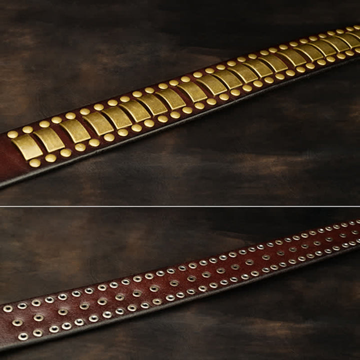 Men's Antique Gold Round Square Rivets Leather Belt - image 3