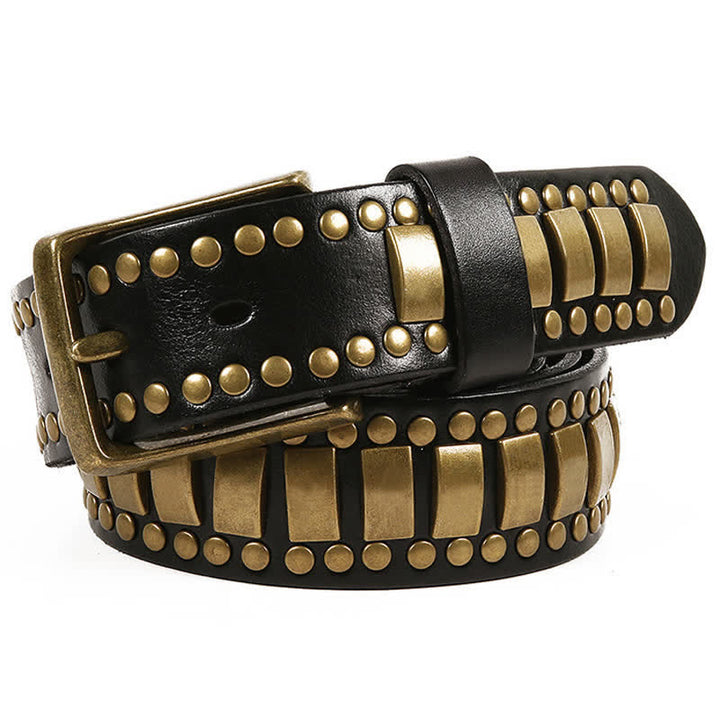Men's Antique Gold Round Square Rivets Leather Belt - Black - 44 - image 4