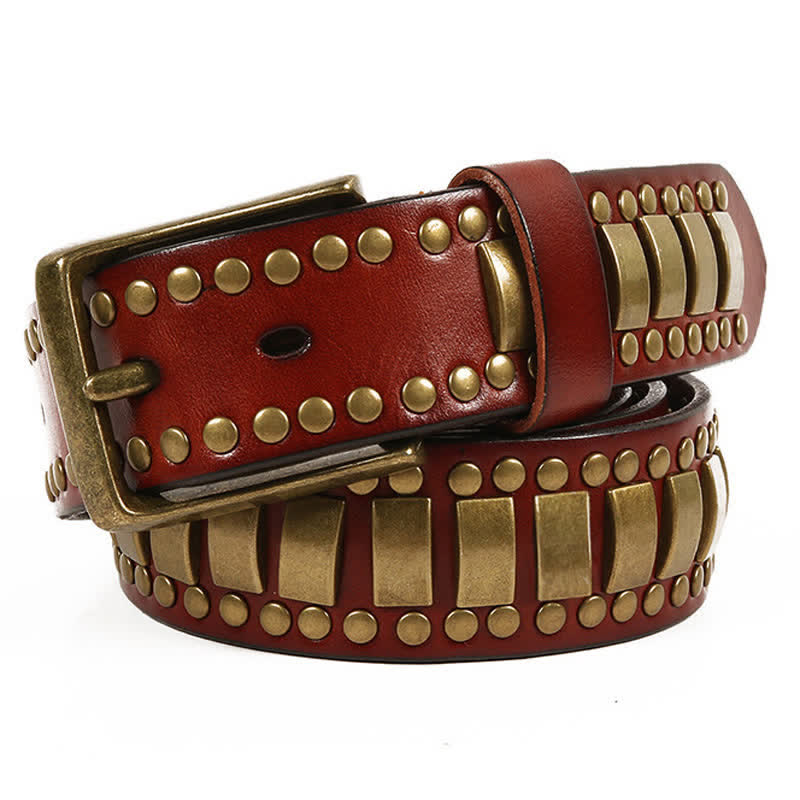 Men's Antique Gold Round Square Rivets Leather Belt - Reddish-Brown - 44 - image 13