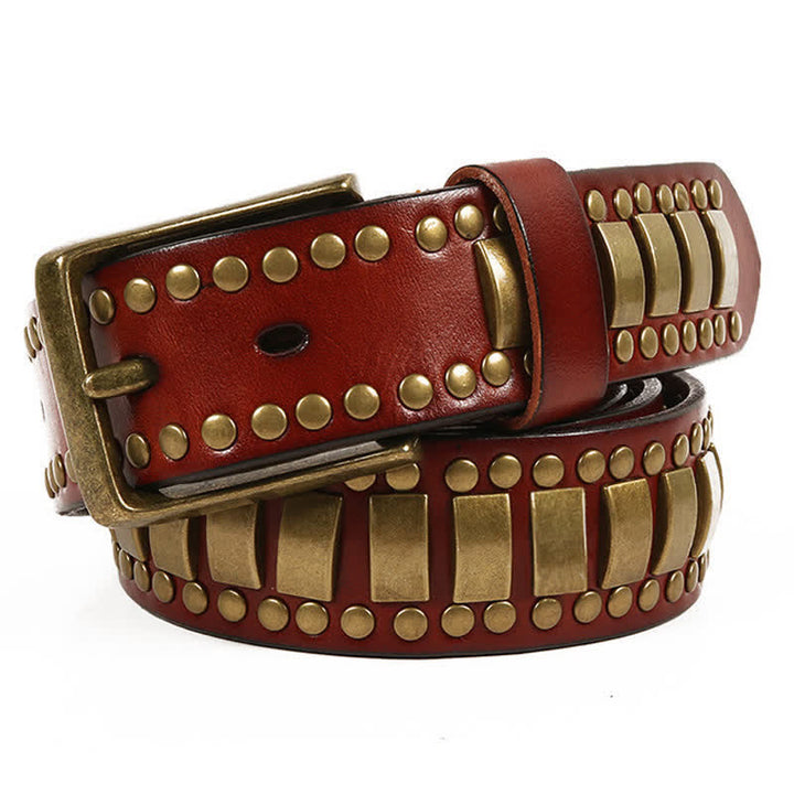 Men's Antique Gold Round Square Rivets Leather Belt - Reddish-Brown - 44 - image 13