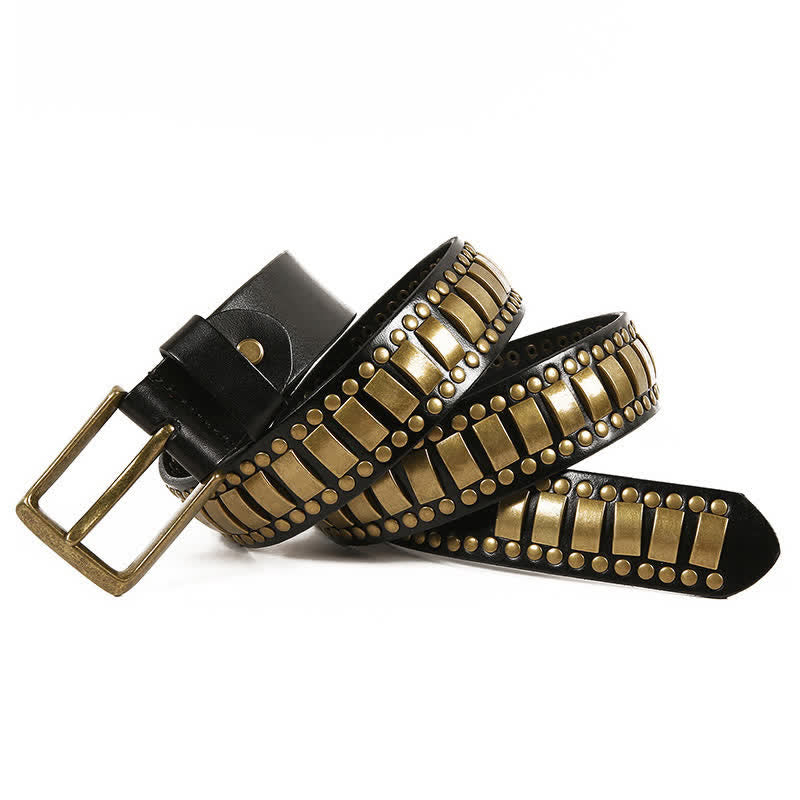 Men's Antique Gold Round Square Rivets Leather Belt - image 5