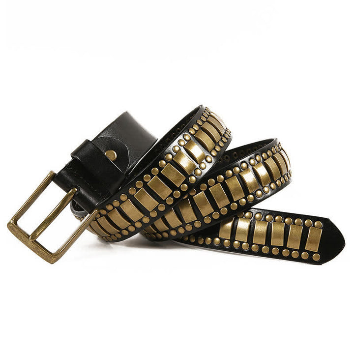 Men's Antique Gold Round Square Rivets Leather Belt - image 5