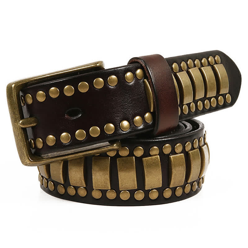 Men's Antique Gold Round Square Rivets Leather Belt - Dark Brown - 44 - image 1