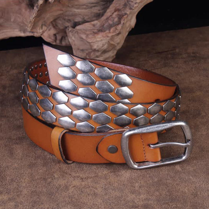 Men's Punk Fish Scale Flakes Rivets Leather Belt - image 11
