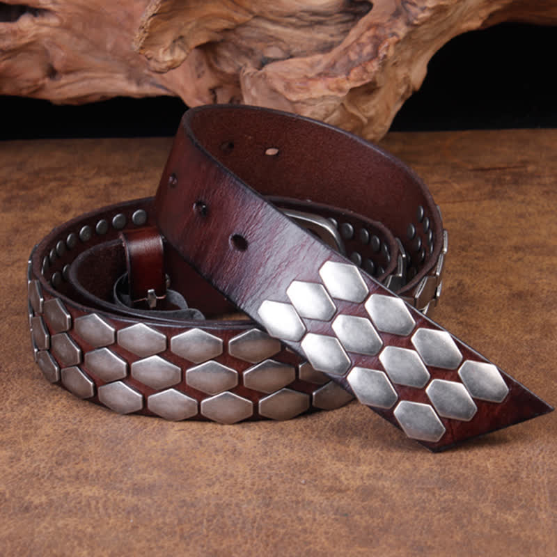 Men's Punk Fish Scale Flakes Rivets Leather Belt - image 2