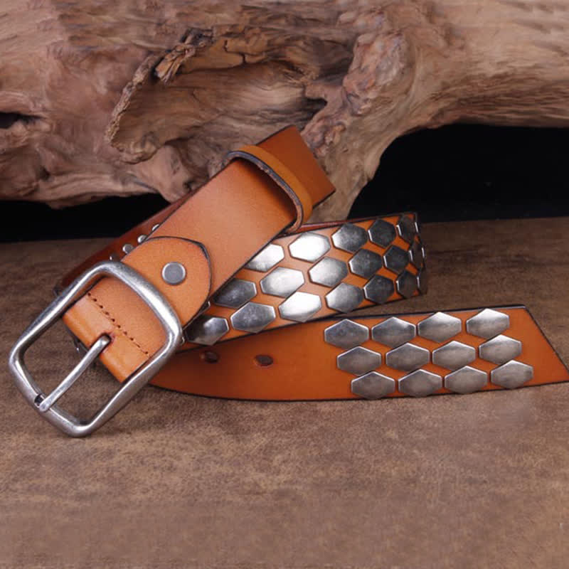 Men's Punk Fish Scale Flakes Rivets Leather Belt - image 10