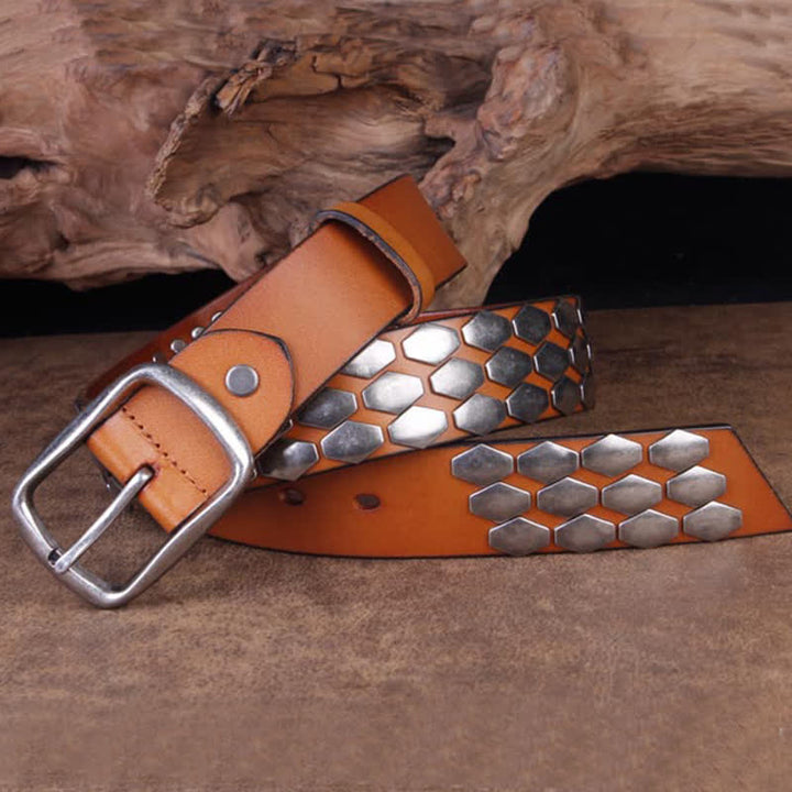 Men's Punk Fish Scale Flakes Rivets Leather Belt - image 10