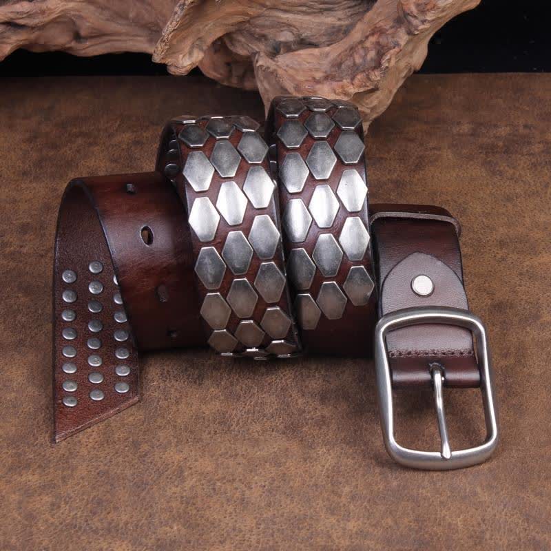 Men's Punk Fish Scale Flakes Rivets Leather Belt - image 1