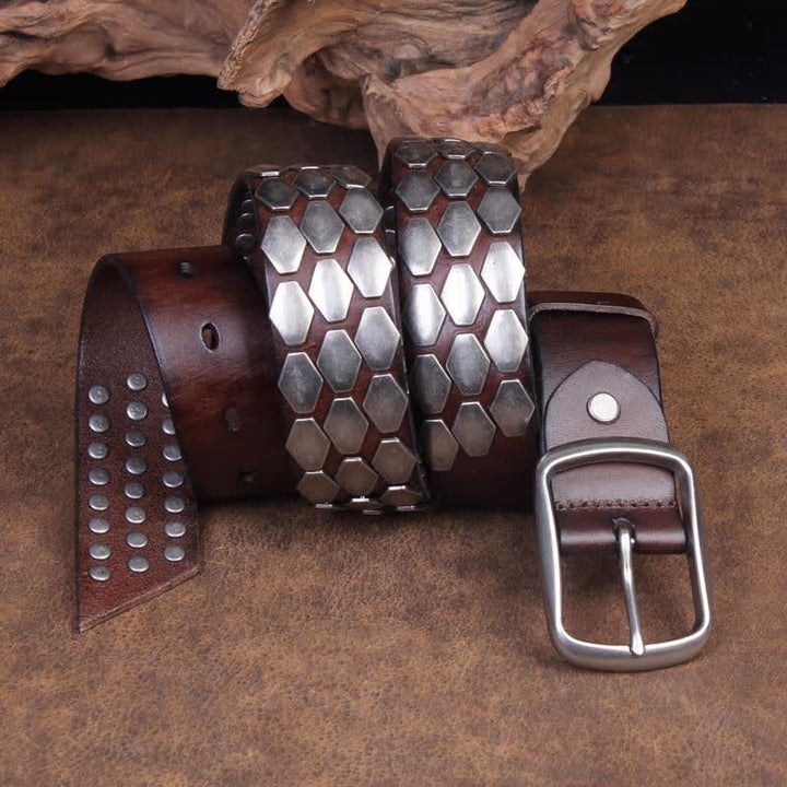 Men's Punk Fish Scale Flakes Rivets Leather Belt - image 1