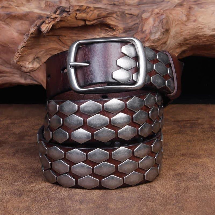 Men's Punk Fish Scale Flakes Rivets Leather Belt - Brown - 44 - image 0