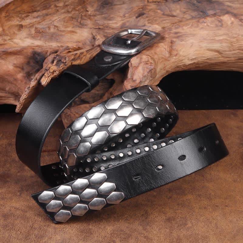Men's Punk Fish Scale Flakes Rivets Leather Belt - Black - 44 - image 6