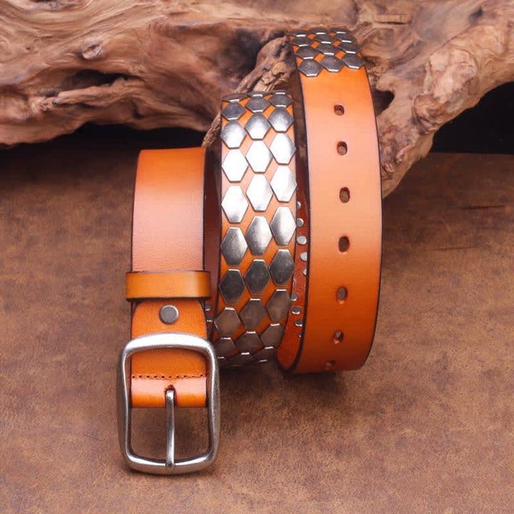 Men's Punk Fish Scale Flakes Rivets Leather Belt - Orange - 44 - image 9