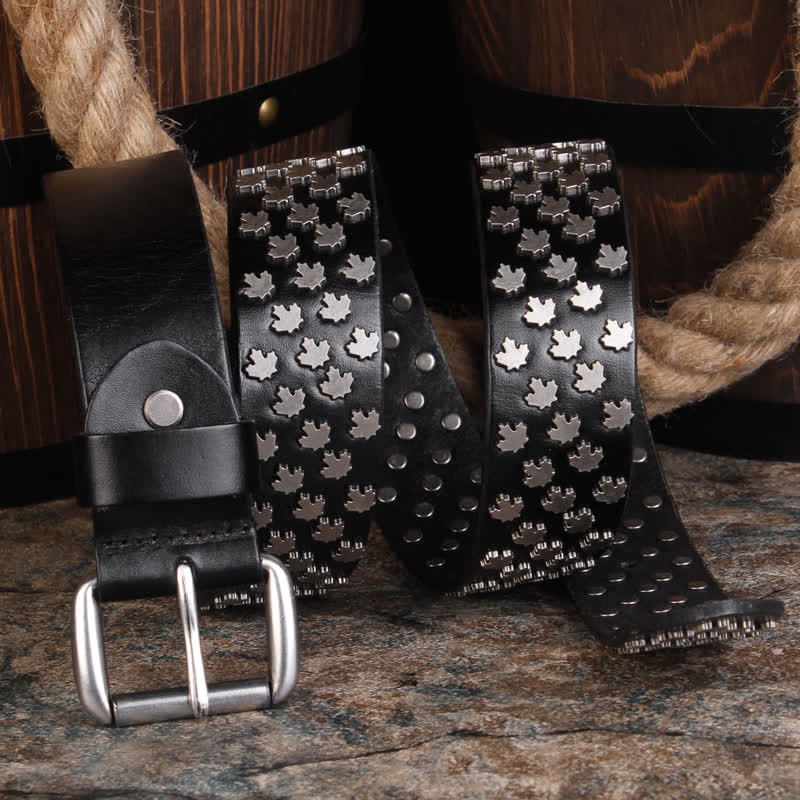 Men's Unique Maple Leaf Shape Rivets Leather Belt - image 1