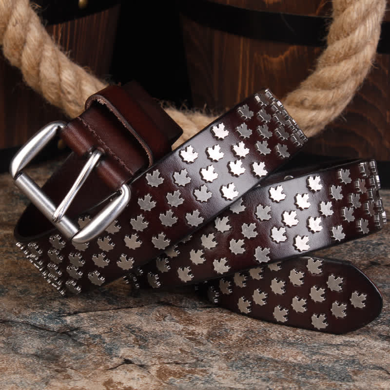 Men's Unique Maple Leaf Shape Rivets Leather Belt - image 4