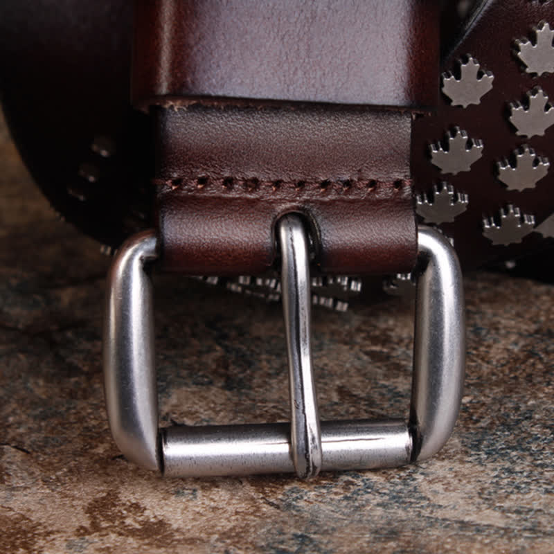 Men's Unique Maple Leaf Shape Rivets Leather Belt - image 5