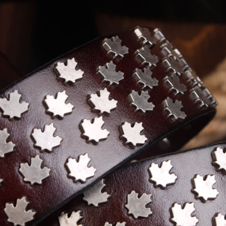 Men's Unique Maple Leaf Shape Rivets Leather Belt - image 6
