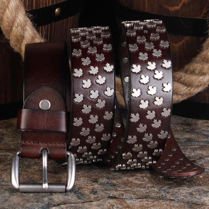 Men's Unique Maple Leaf Shape Rivets Leather Belt - Dark Brown - 44 - image 3