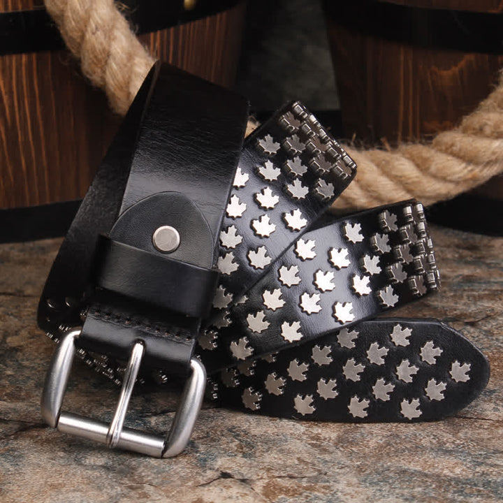 Men's Unique Maple Leaf Shape Rivets Leather Belt - Black - 44 - image 0
