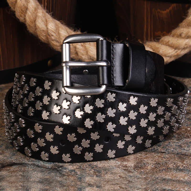 Men's Unique Maple Leaf Shape Rivets Leather Belt - image 2