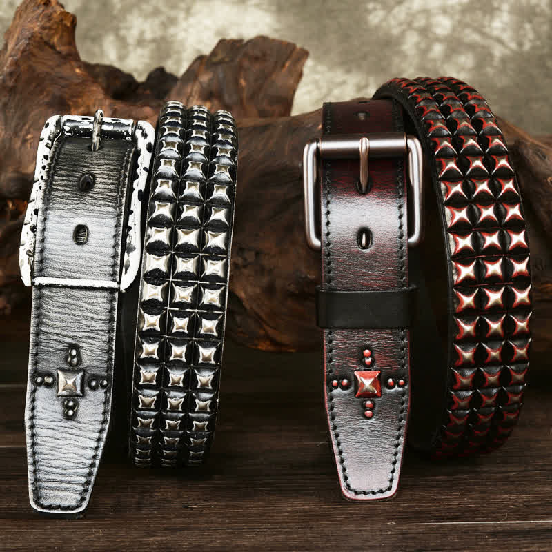 Men's Three Row Classic Pyramid Rivets Leather Belt - image 1