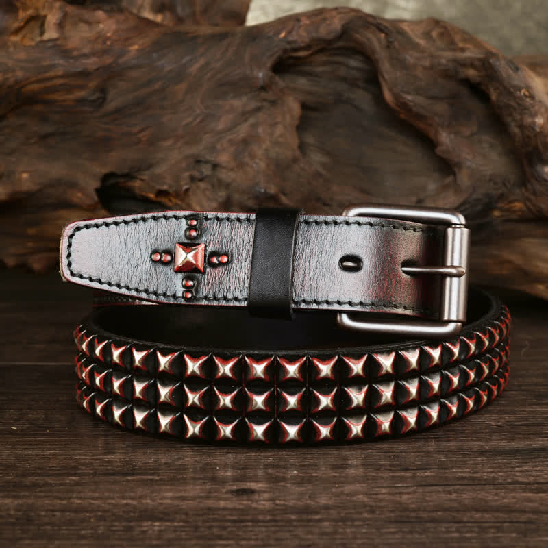 Men's Three Row Classic Pyramid Rivets Leather Belt - Reddish-Brown - 44 - image 2