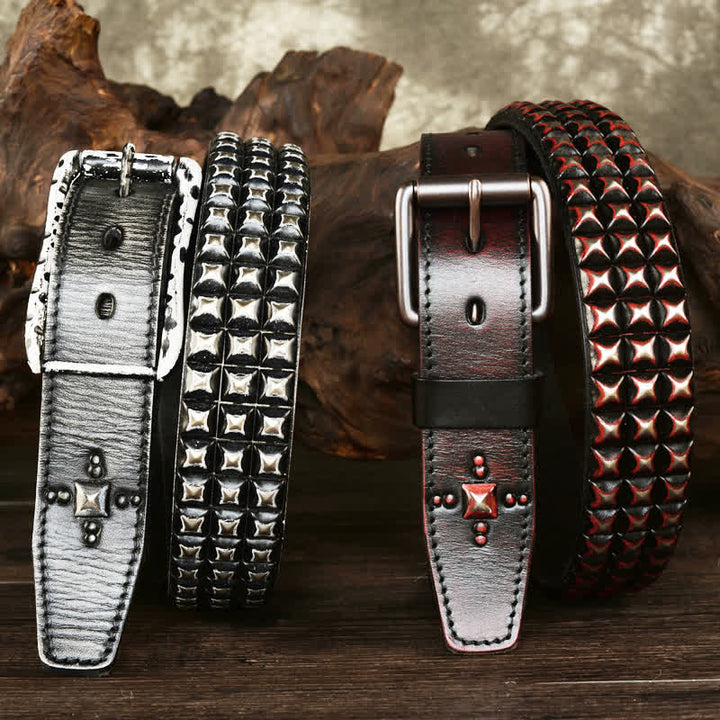 Men's Three Row Classic Pyramid Rivets Leather Belt - image 1