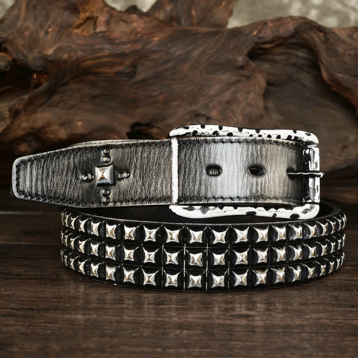 Men's Three Row Classic Pyramid Rivets Leather Belt - Black - 44 - image 0