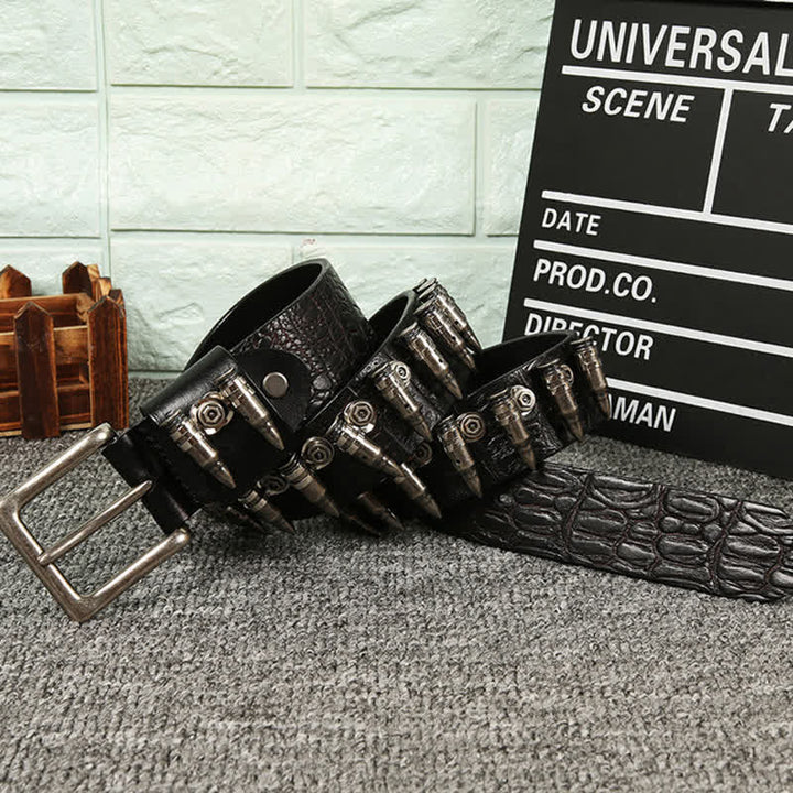 Men's Decorative Bullet Rivets Crocodile Pattern Leather Belt - Black - 44 - image 0