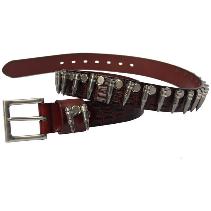 Men's Decorative Bullet Rivets Crocodile Pattern Leather Belt - Brown - 44 - image 8