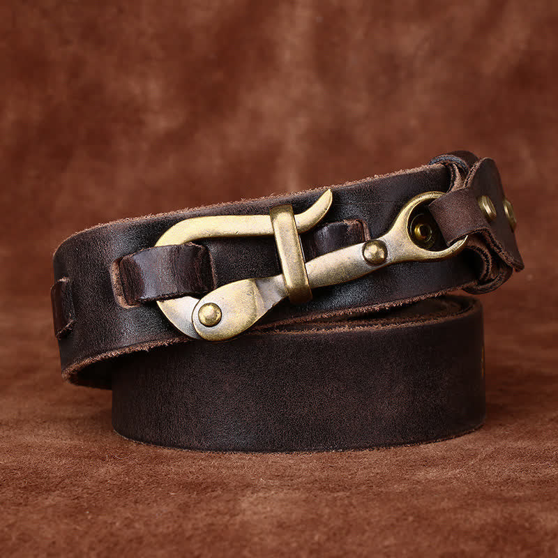 Men's Retro Distressed Hook Buckle Cavalry Leather Belt - Coffee - 46 - image 8