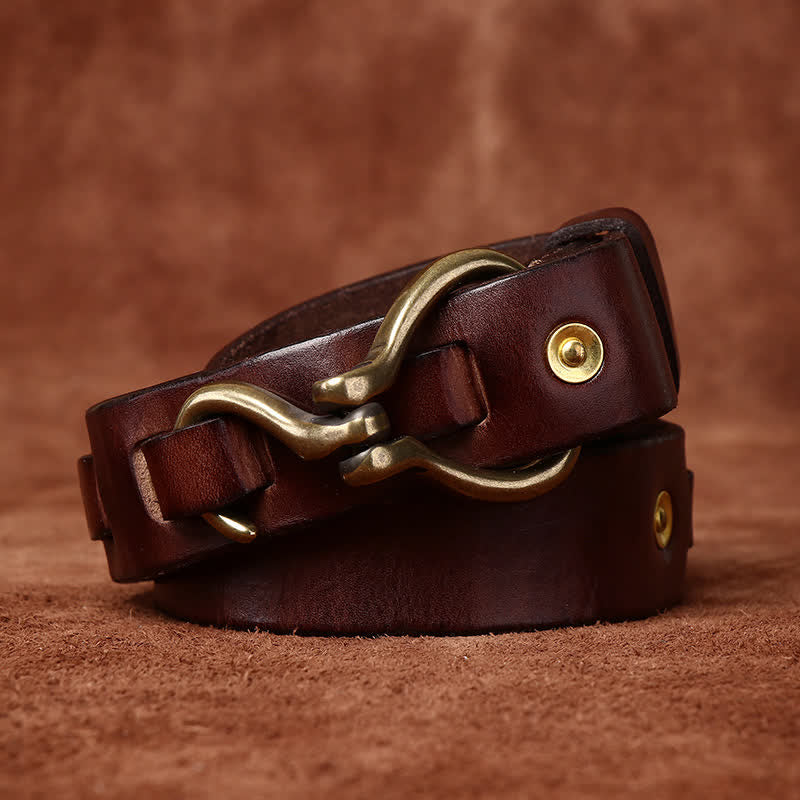 Men's Braided Brass Hook Buckle Cavalry Leather Belt - Coffee - 46 - image 10