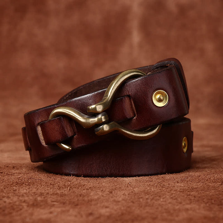 Men's Braided Brass Hook Buckle Cavalry Leather Belt - Coffee - 46 - image 10