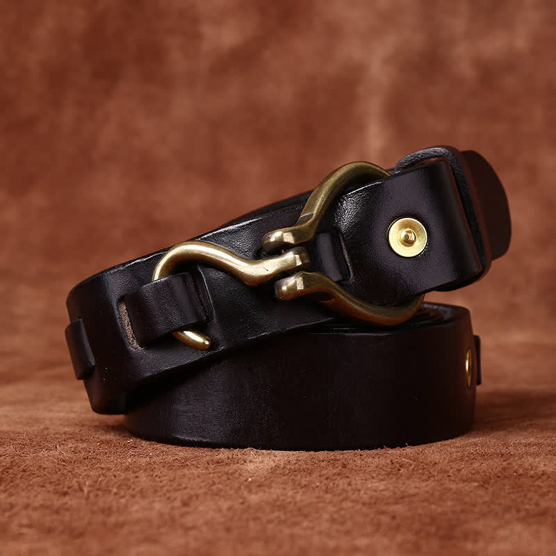 Men's Braided Brass Hook Buckle Cavalry Leather Belt - Black - 46 - image 5