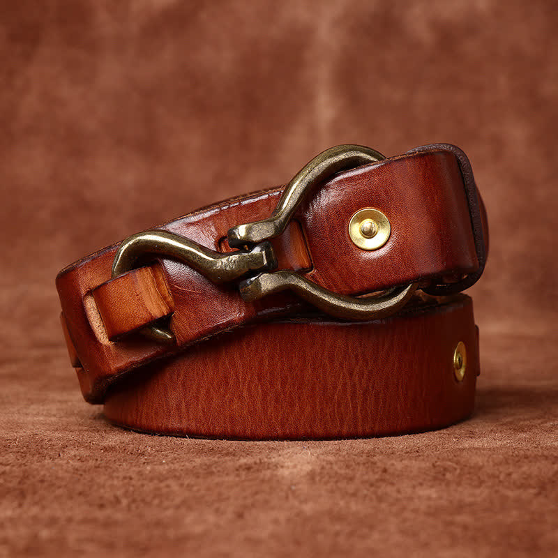 Men's Braided Brass Hook Buckle Cavalry Leather Belt - Yellowish-Brown - 46 - image 0