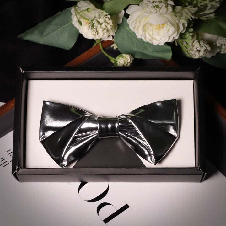 Men's Modern Style Metallic Silver Gray Leather Bow Tie - Style #2 - image 5