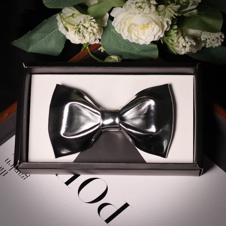Men's Modern Style Metallic Silver Gray Leather Bow Tie - Style #1 - image 2