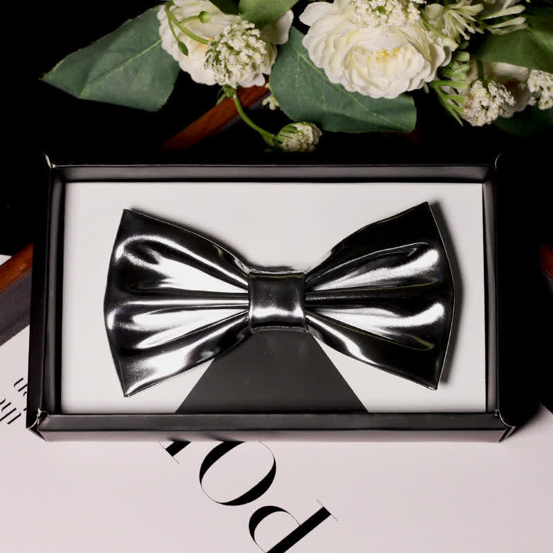 Men's Modern Style Metallic Silver Gray Leather Bow Tie - Style #4 - image 7