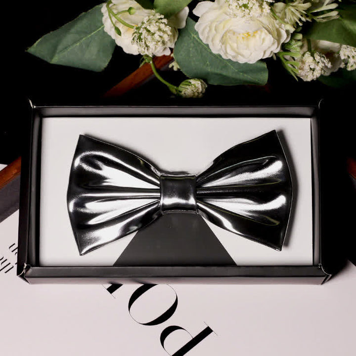 Men's Modern Style Metallic Silver Gray Leather Bow Tie - Style #4 - image 7
