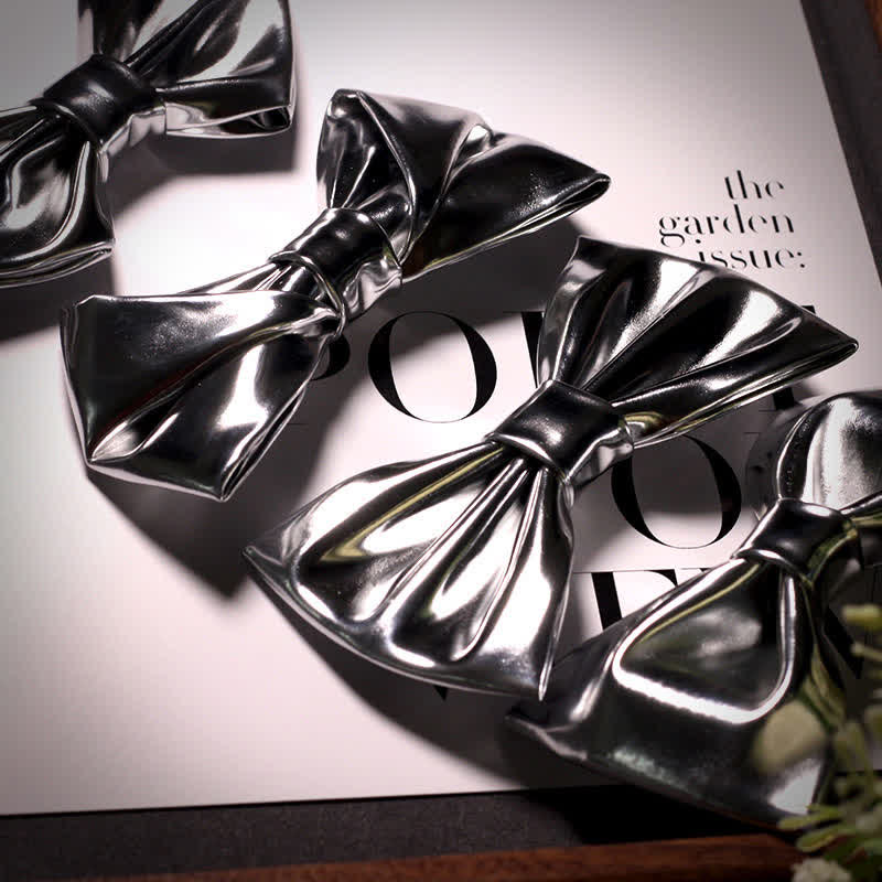 Men's Modern Style Metallic Silver Gray Leather Bow Tie - image 3