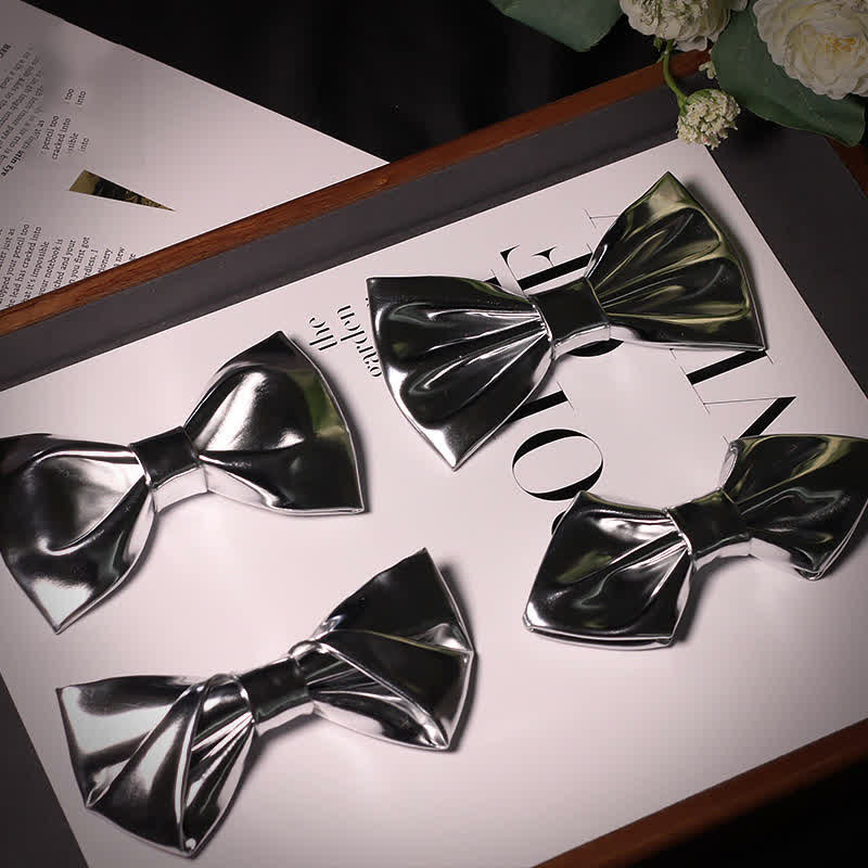 Men's Modern Style Metallic Silver Gray Leather Bow Tie - image 4