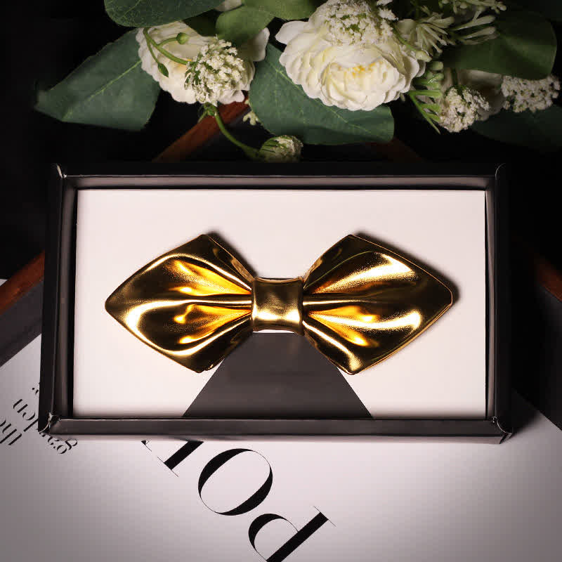 Men's Shining Modern Metallic Gold Leather Bow Tie - Style #3 - image 6