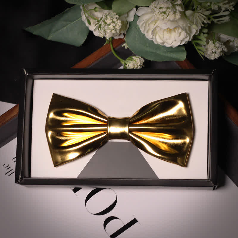 Men's Shining Modern Metallic Gold Leather Bow Tie - Style #4 - image 7