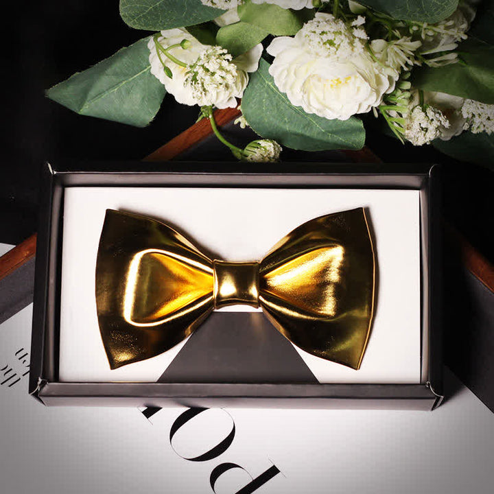 Men's Shining Modern Metallic Gold Leather Bow Tie - Style #1 - image 2