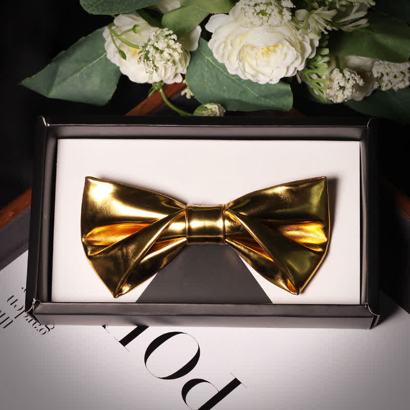 Men's Shining Modern Metallic Gold Leather Bow Tie - Style #2 - image 5