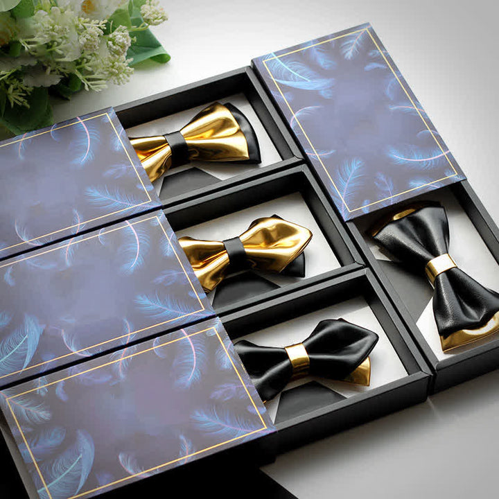 Men's Gold & Black Double Layers Leather Bow Tie - image 3
