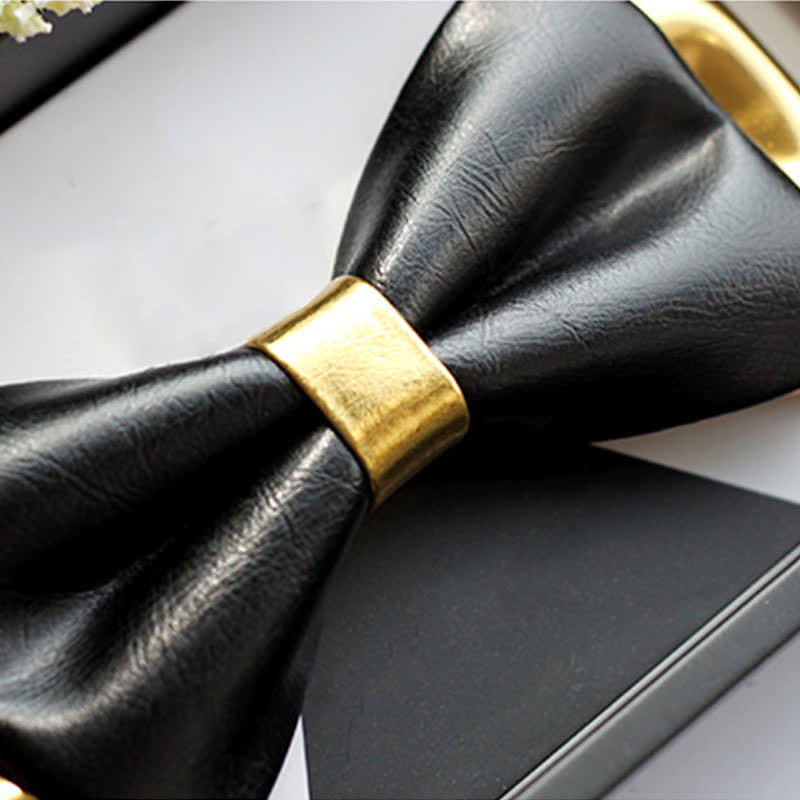 Men's Gold & Black Double Layers Leather Bow Tie - image 7