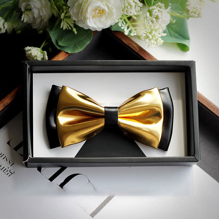 Men's Gold & Black Double Layers Leather Bow Tie - Style #1 - image 2