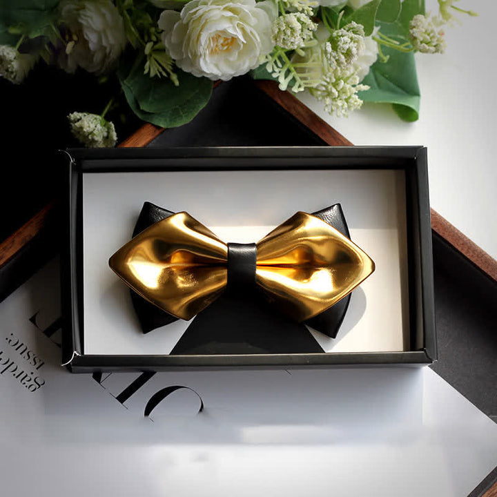 Men's Gold & Black Double Layers Leather Bow Tie - Style #2 - image 5