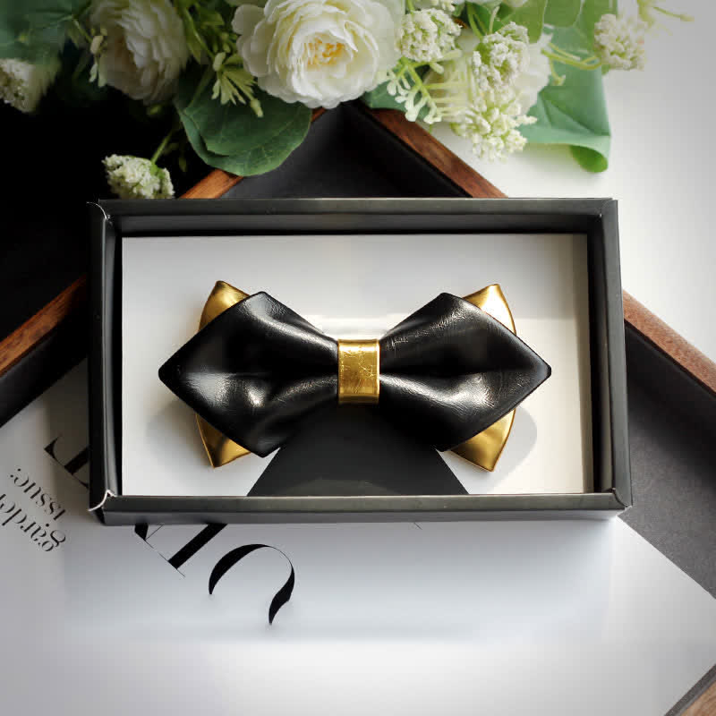 Men's Gold & Black Double Layers Leather Bow Tie - Style #4 - image 9